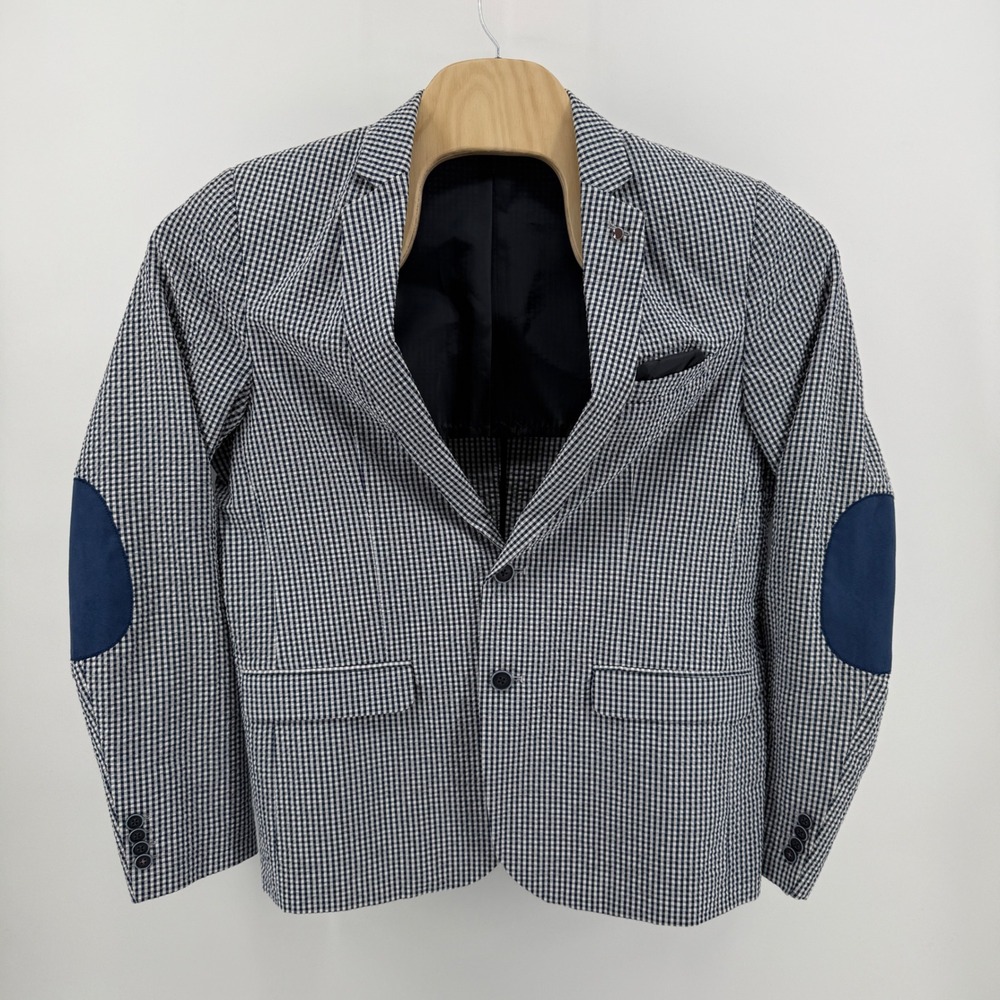 Piazza Italia Man Seersucker Gingham Slim Fit Blazer Blue White Size 50 - Picture 1 of 8